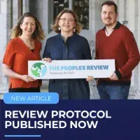Three people holding a sign saying the People's Review, with review protocol published now text below